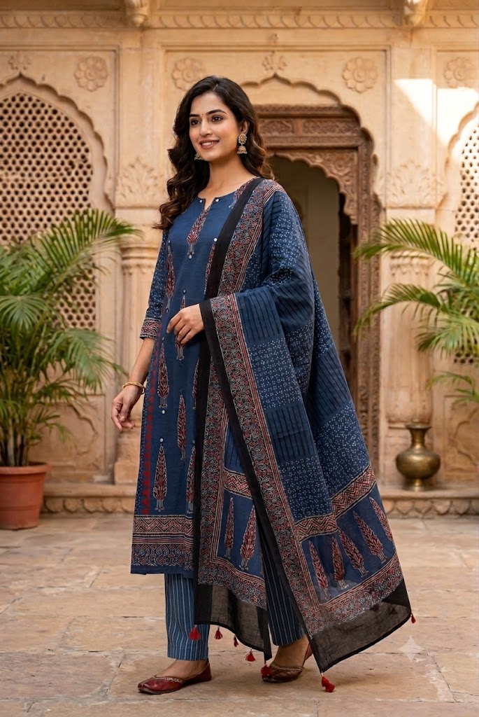 Ajrakh Hand Block Printed Stitched 3 pc Cotton Suit With Mirror Work - 38 to 44 size