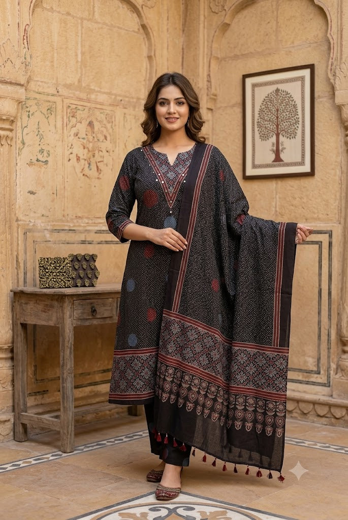 Ajrakh Hand Block Printed Stitched 3 pc Cotton Suit With Mirror Work - 38 to 44 size