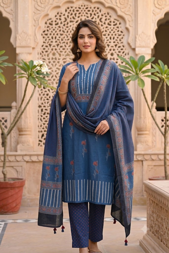 Ajrakh Hand Block Printed Stitched 3 pc Cotton Suit With Mirror Work - 38 to 44 size