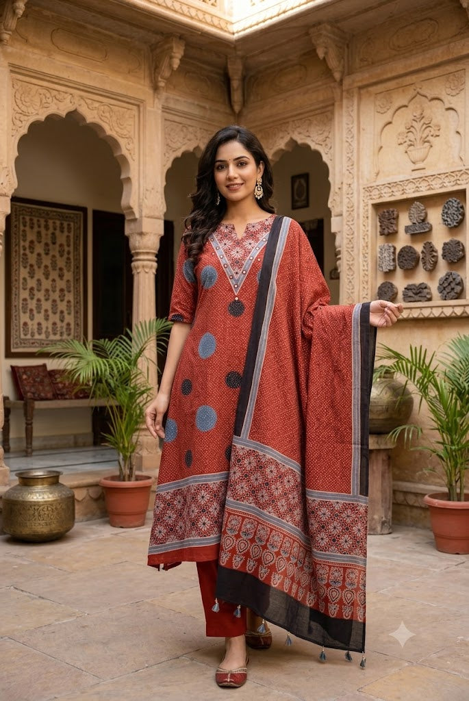 Ajrakh Hand Block Printed Stitched 3 pc Cotton Suit With Mirror Work - 38 to 44 size