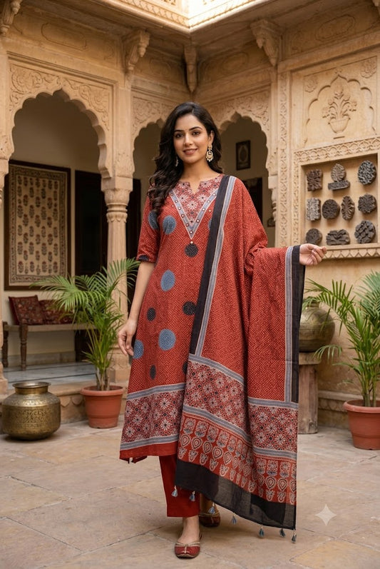 Ajrakh Block Print 3 pc Cotton Suit Kaftan kurta With Mirror Work  & stole - 38 to 44 size