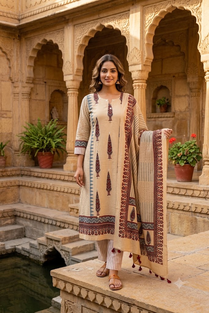 Ajrakh Hand Block Printed Stitched 3 pc Cotton Suit With Mirror Work - 38 to 48 size