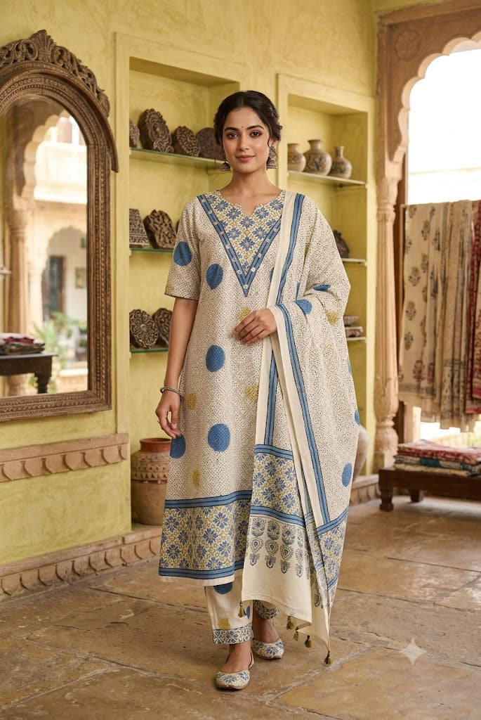 Ajrakh Hand Block Printed Stitched 3 pc Cotton Suit With Mirror Work - 38 to 44 size
