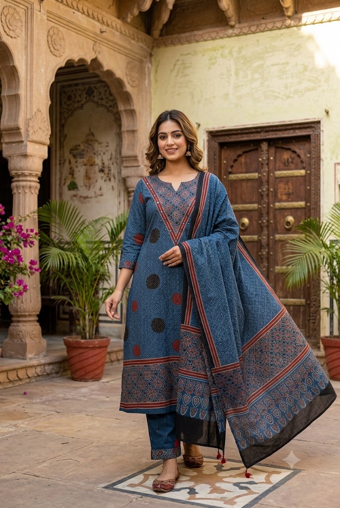 Ajrakh Hand Block Printed Stitched 3 pc Cotton Suit With Mirror Work - 38 to 44 size