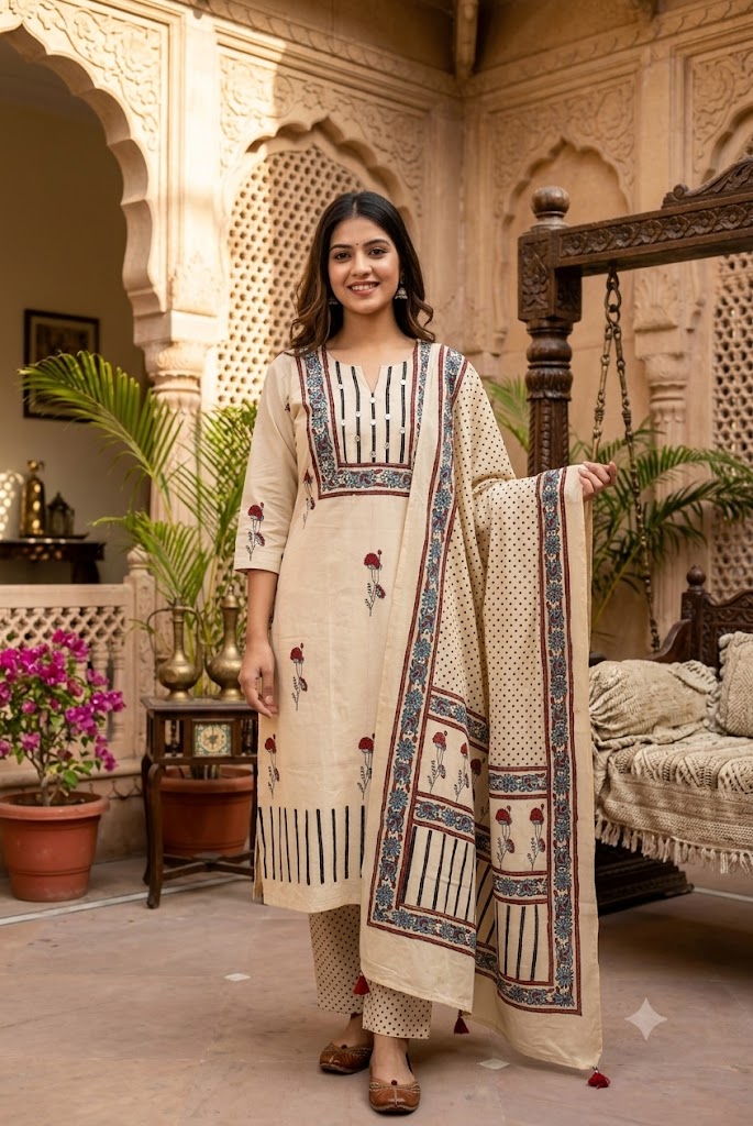 Ajrakh Hand Block Printed Stitched 3 pc Cotton Suit With Mirror Work - 38 to 48 size