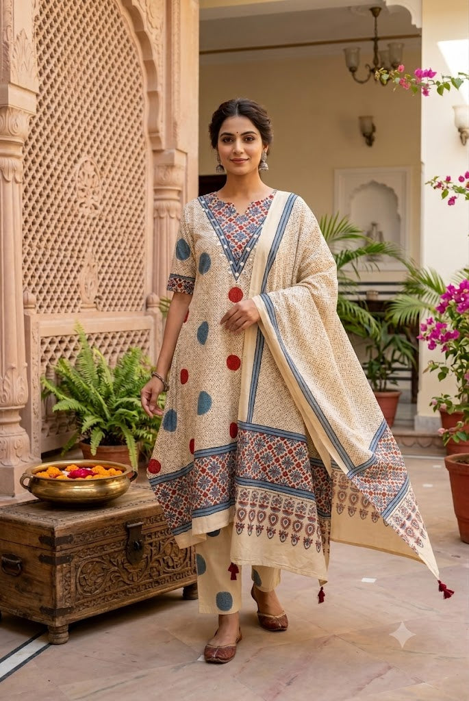 Ajrakh Hand Block Printed Stitched 3 pc Cotton Suit With Mirror Work - 38 to 44 size