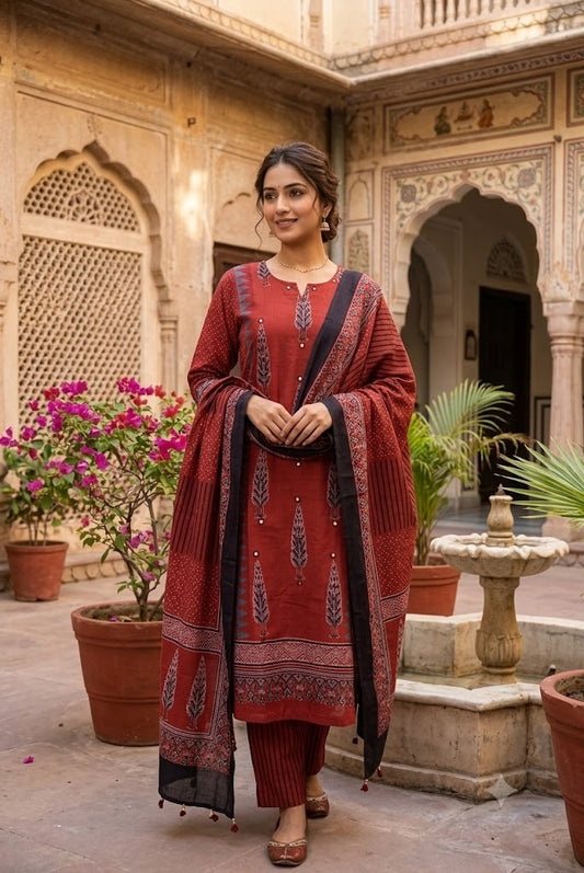 Ajrakh Block Print 3 pc Cotton Suit Kaftan kurtas With Mirror Work  & stole - 38 to 44 size