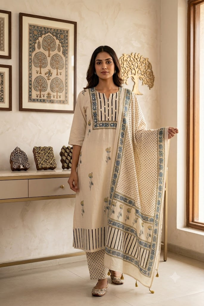 Ajrakh Hand Block Printed Stitched 3 pc Cotton Suit With Mirror Work - 38 to 44 size