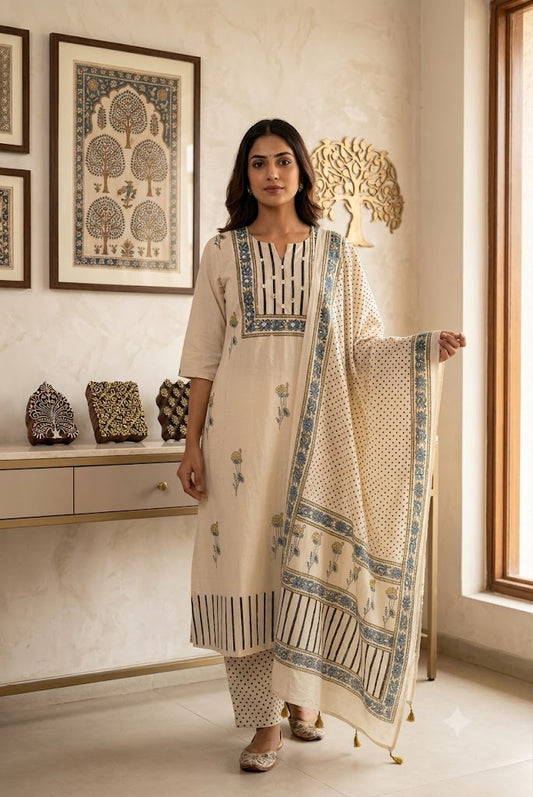 Ajrakh Block Print 3 pc Cotton Suit Kaftan kurta With Mirror Work  & stole - 38 to 44 size
