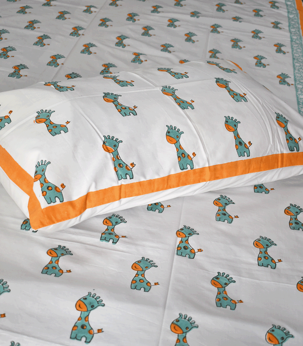 Hand block printed Percale cotton Single Bed sheet with Single ( 1 ) pillow cover for Kids room