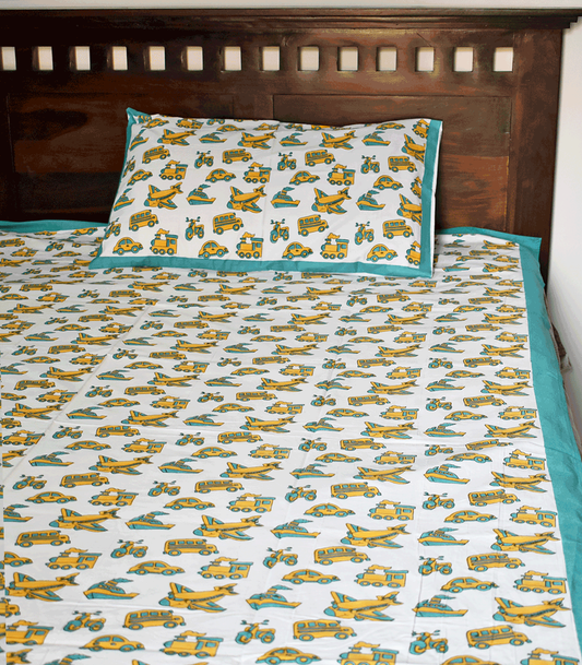 Hand block printed Percale cotton Single Bed sheet with Single ( 1 ) pillow cover for Kids room