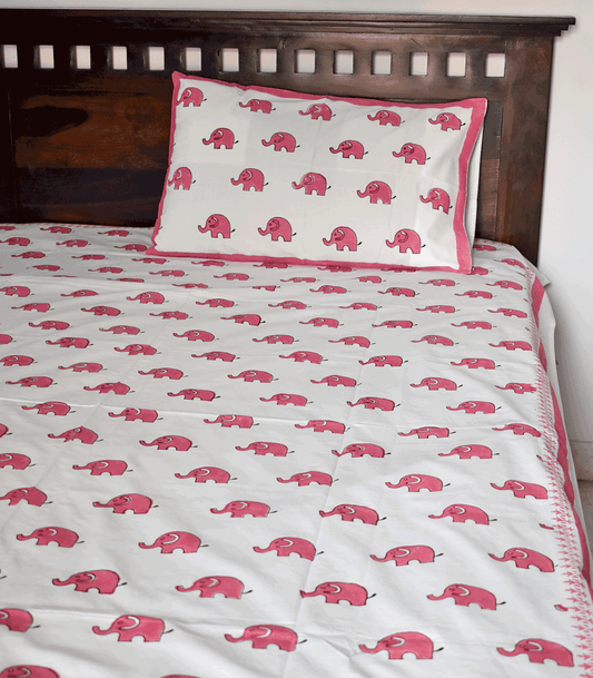 Hand block printed Percale cotton Single Bed sheet with Single ( 1 ) pillow cover for Kids room