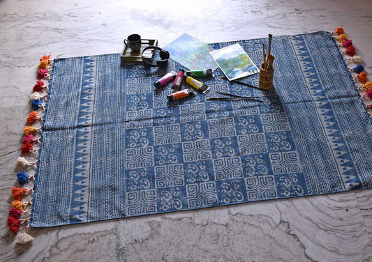 Hand Block Printed Indigo Rug with colorful tassels | 6 x 4 ft
