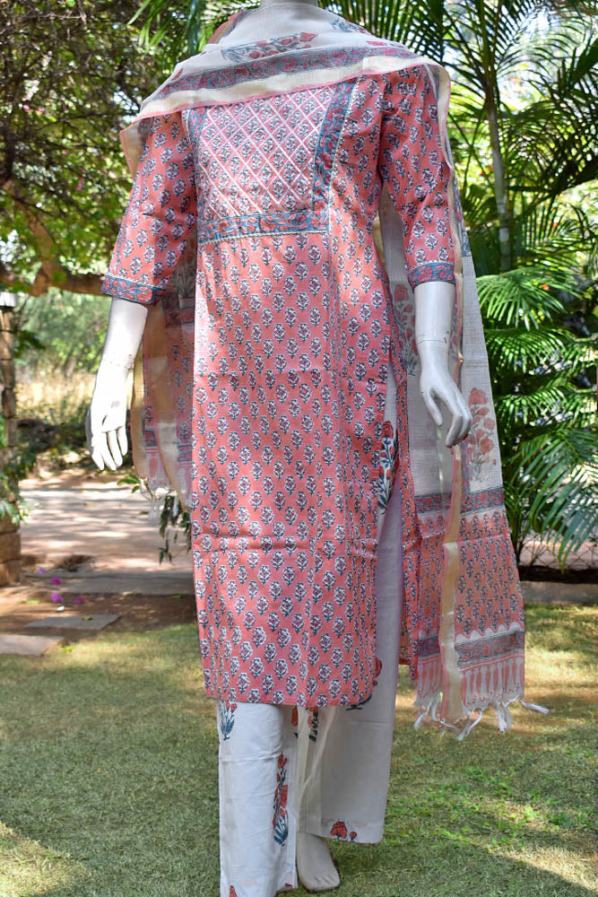 Hand Block Printed Cotton suit - Kurta , Dupatta & Pant