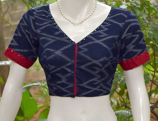 Ikkat Cotton Blouse with hand done mirror work . Size - 42