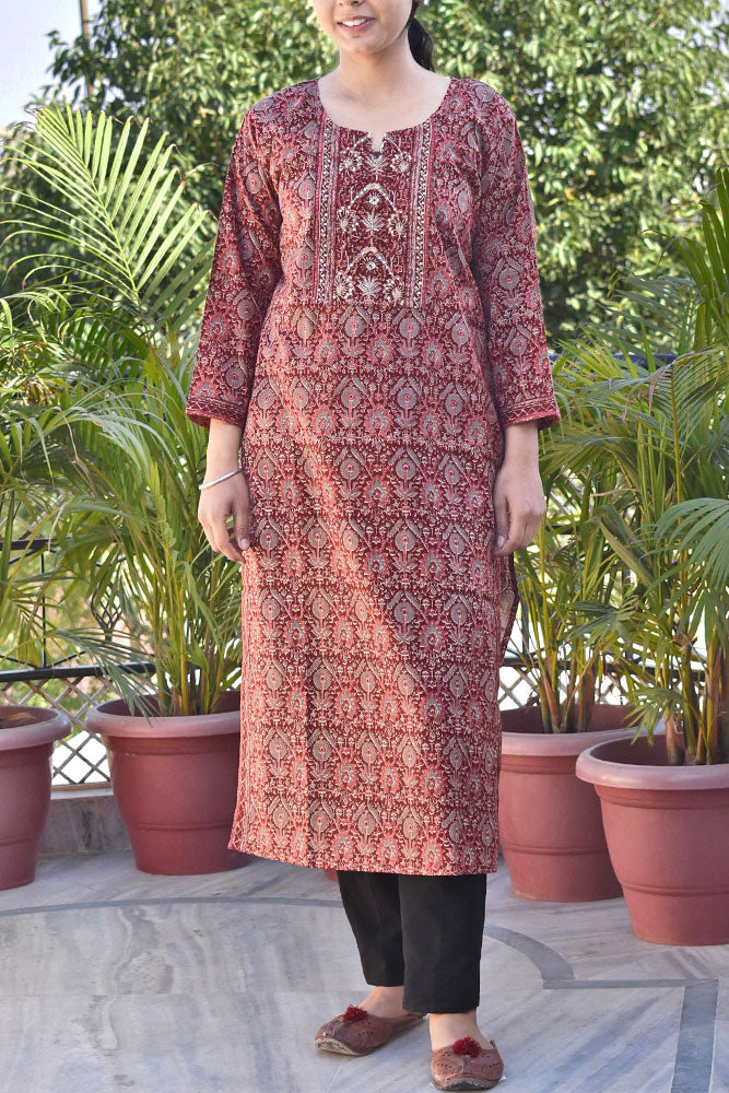 Beautiful Cotton Kurta with Hand Tagai Embroidery & Aari work & Embroidered Sequins  Size -  38