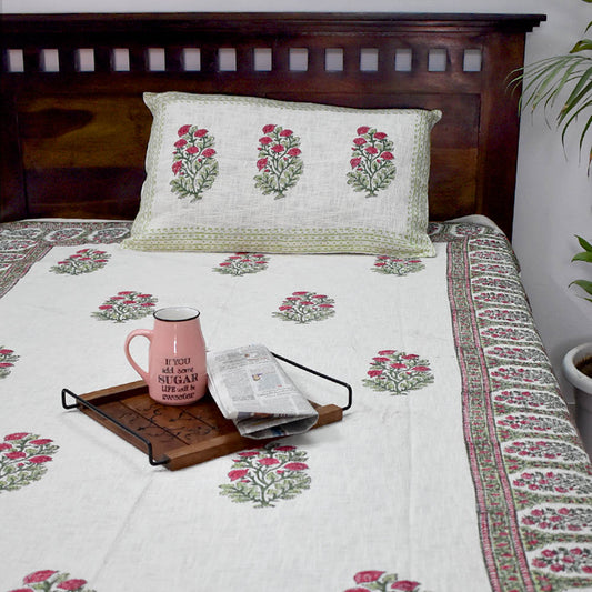 Hand block printed Textured Woven Cotton Single Bed sheet with Single ( 1 ) pillow cover
