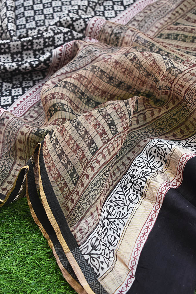 Handwoven Maheshwari Silk Cotton dupatta with Bagh Hand block print