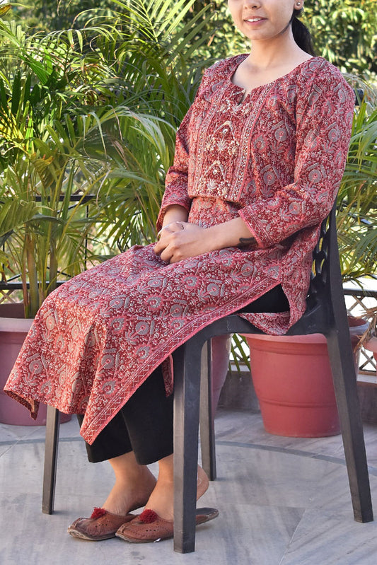 Beautiful Cotton Kurta with Hand Tagai Embroidery & Aari work & Embroidered Sequins  Size -  38