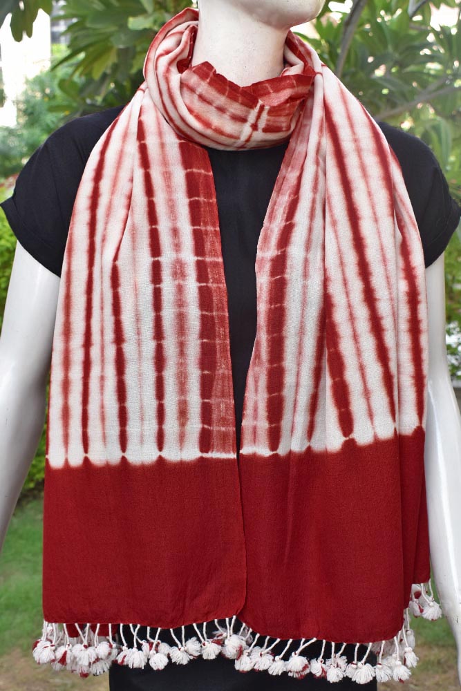 Hand woven Kutch Merino Wool Stole with Shibori Dye & Tassels