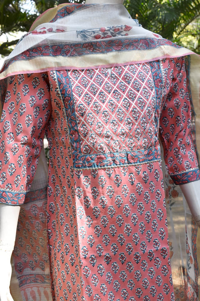 Hand Block Printed Cotton suit - Kurta , Dupatta & Pant