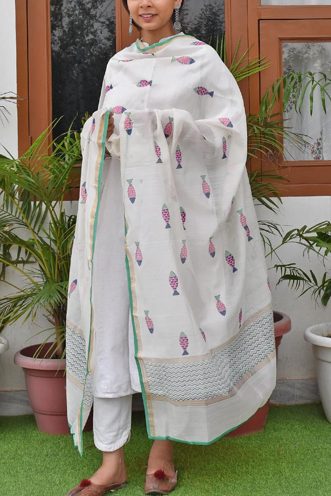 Elegant Chanderi Sico dupatta with hand block printed pattern