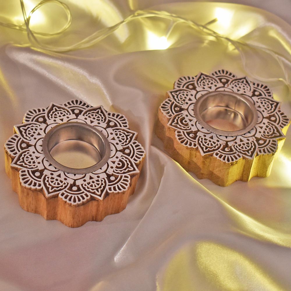 Gift Hamper - Wooden Carved T Light Holders - Set of 2 holders