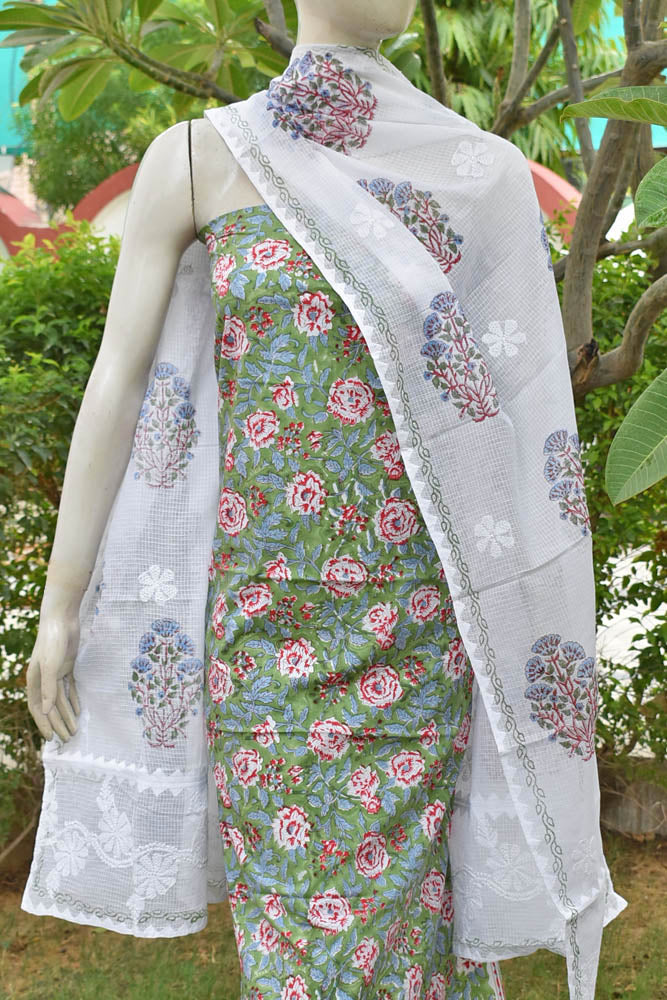 Exquisite Cotton unstitched suit with Block Printed Kota dupatta with Hand Chikankari embroidery