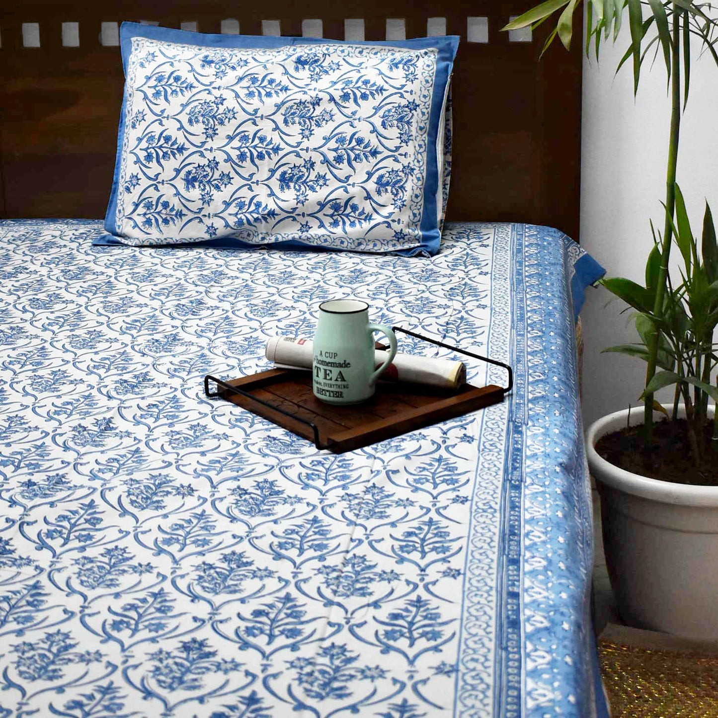 Hand block printed Single Bed sheet with Single ( 1 ) pillow cover