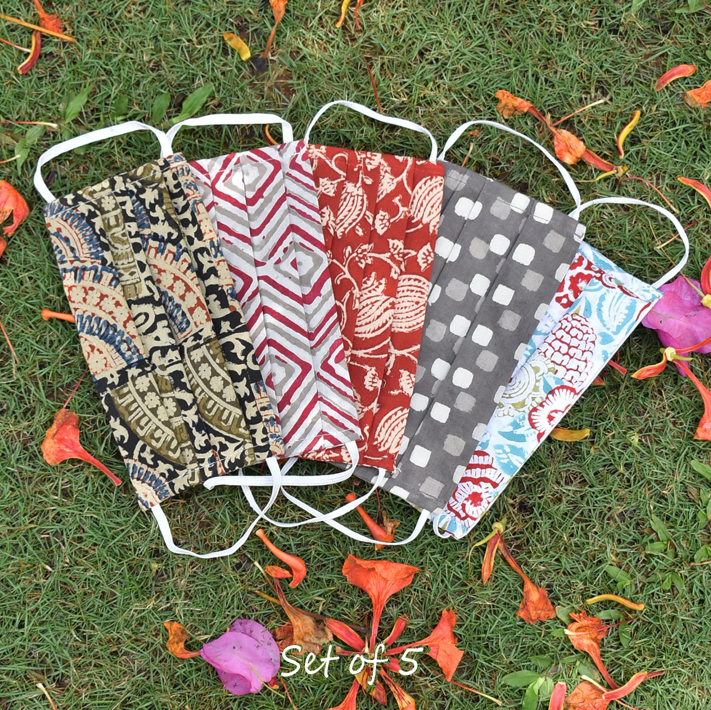 Set of 5 - Block printed Cotton Masks