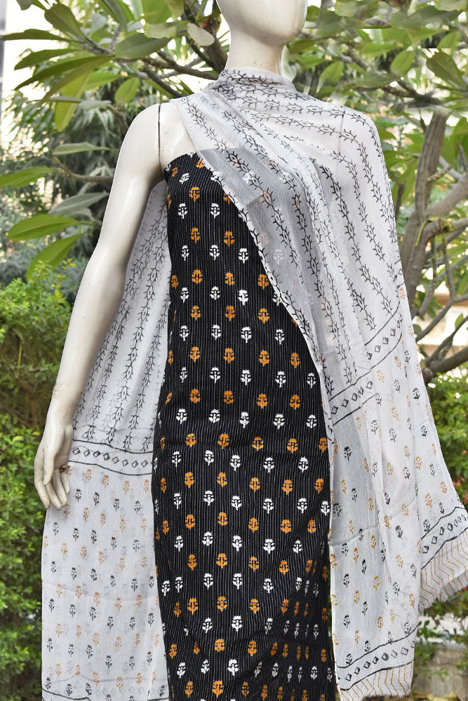 Elegant Hand Block Printed Cotton unstitched suit with Running Kantha stitch & Chiffon Dupatta