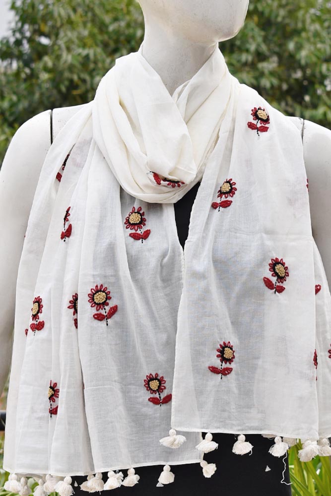Beautiful Soft Cotton Voile Stole with Kantha work & hand embroidery & tassels