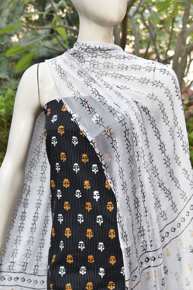 Elegant Hand Block Printed Cotton unstitched suit with Running Kantha stitch & Chiffon Dupatta