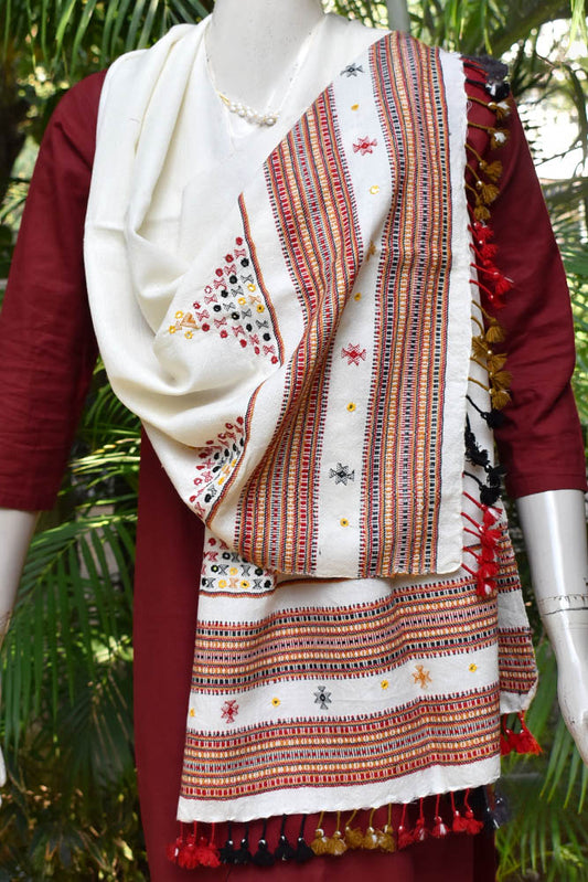 Hand woven Kutch Woolen Stole with Mirror work and tassels