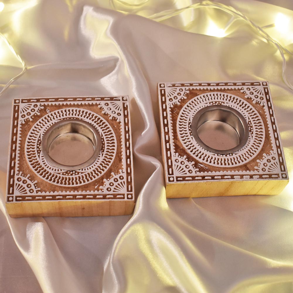 Gift Hamper - Wooden Carved T Light Holders - Set of 2 holders