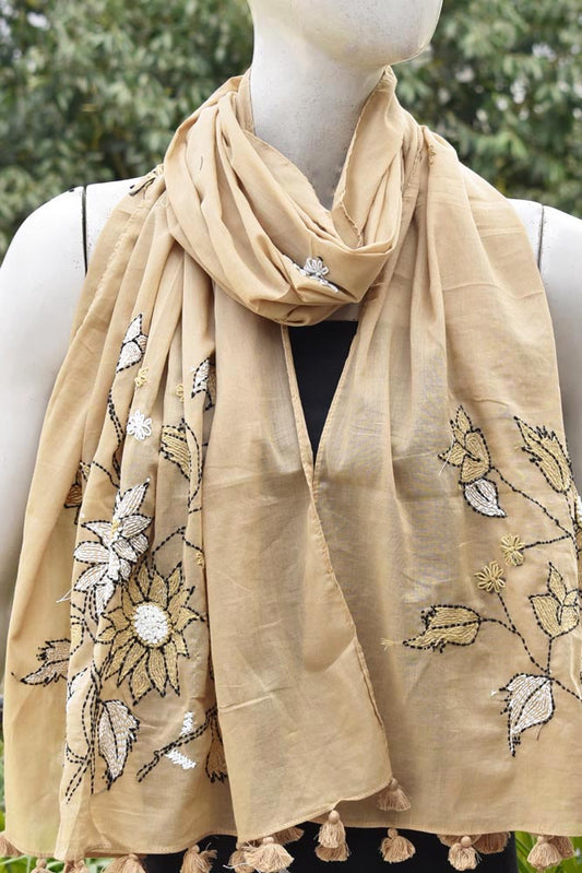 Beautiful Soft Cotton Voile Stole with Kantha work & hand embroidery & tassels