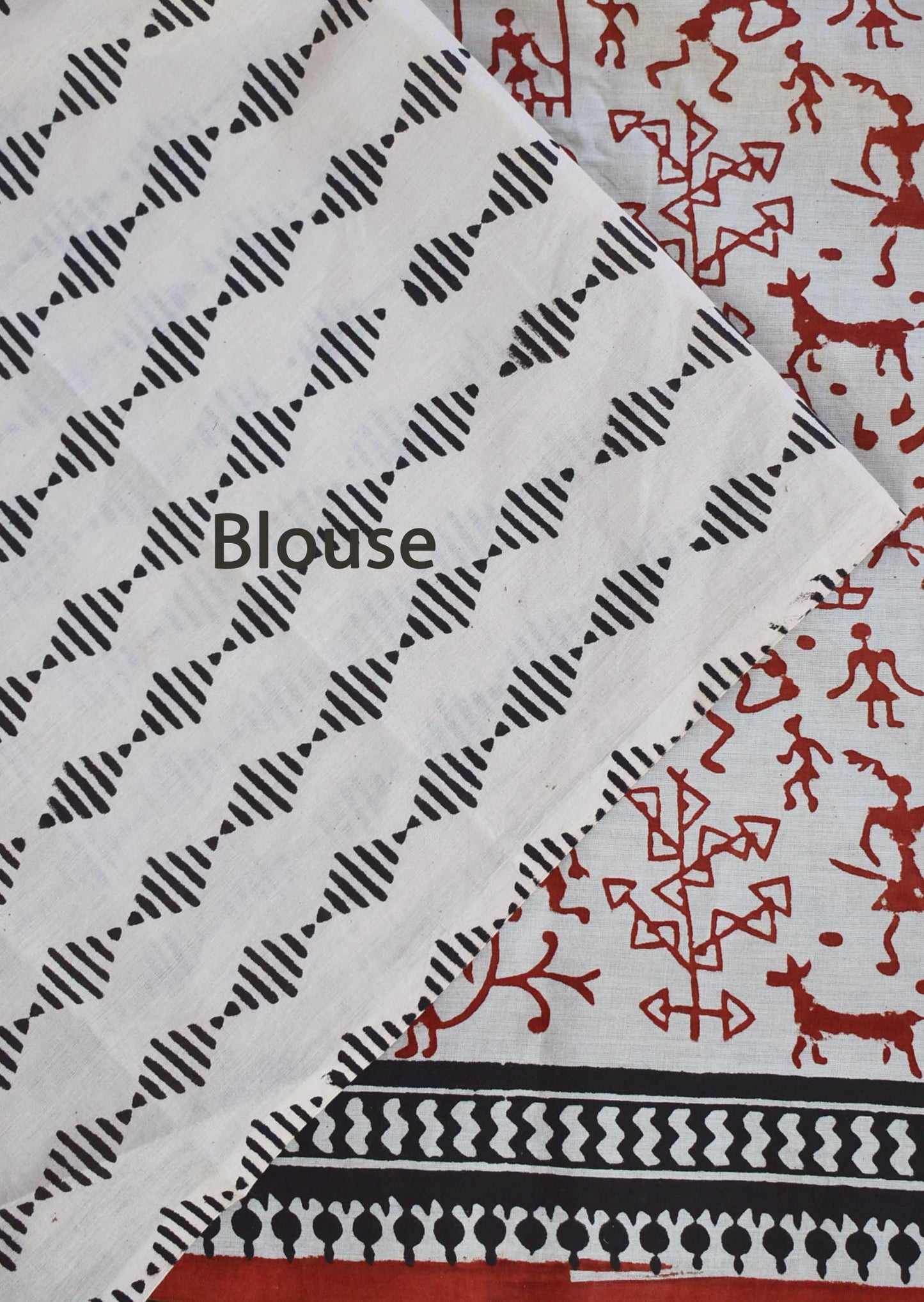 Beautiful Bagru Hand Block Printed Cotton Saree with Warli art inspired block print