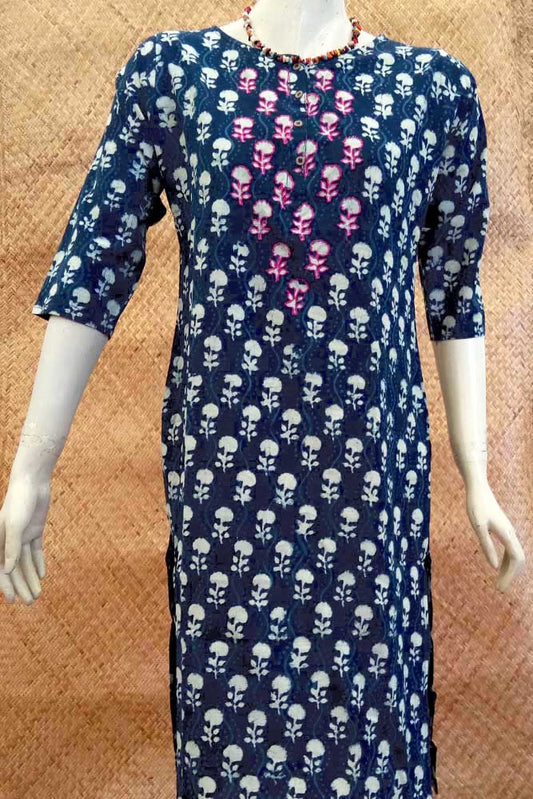 Elegant Block Printed Indigo Cotton Kurta - Size 40