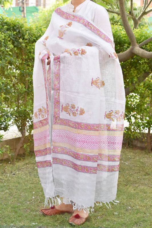 Elegant Hand Block Printed Linen dupatta