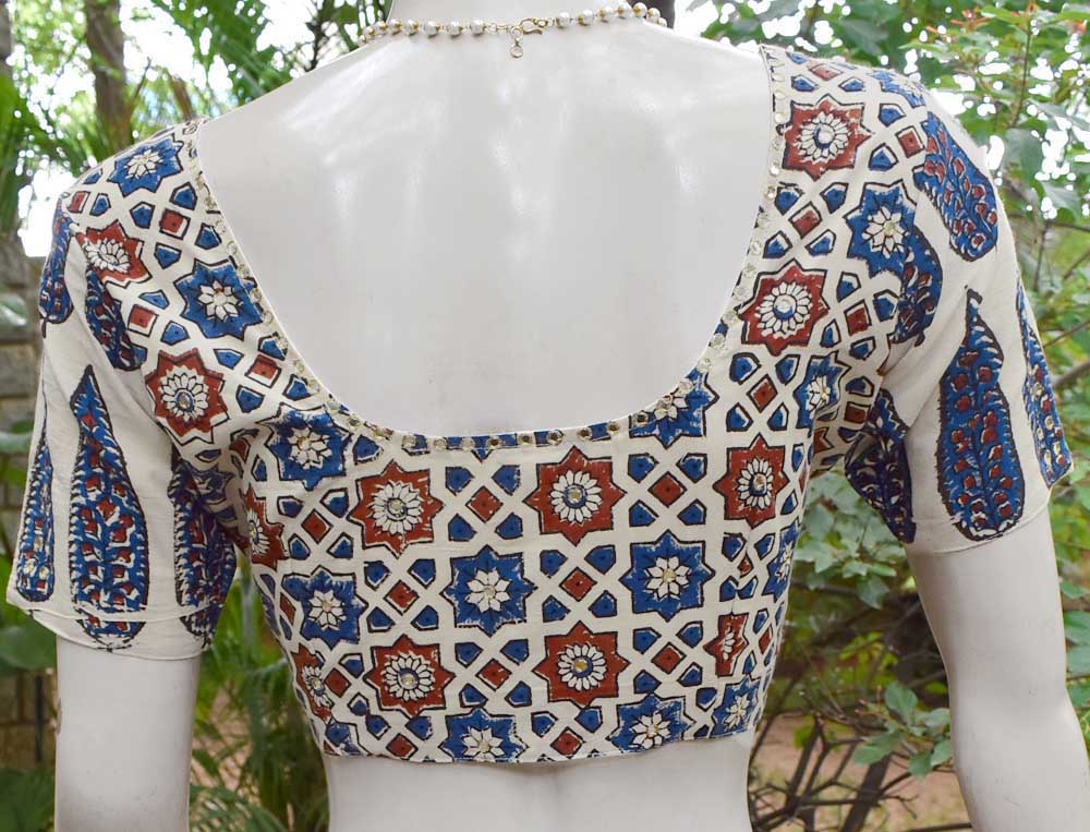 Hand Block Print Ajrakh Cotton Blouse with hand done mirror work - size 38 & 42