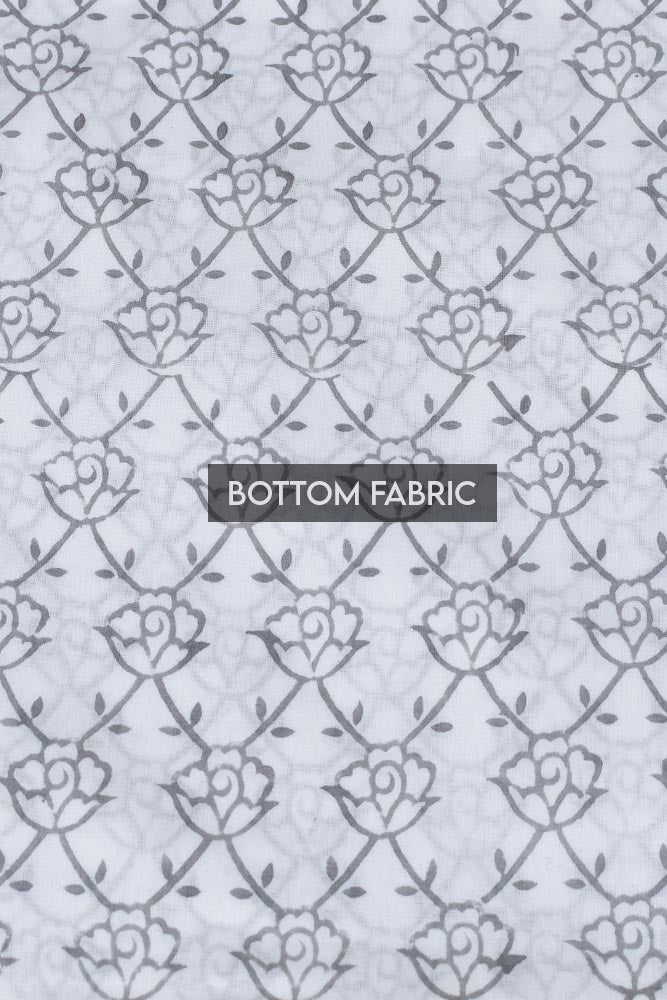Shwet : Summery White Block Printed Cotton unstitched suit fabric with Chiffon dupatta