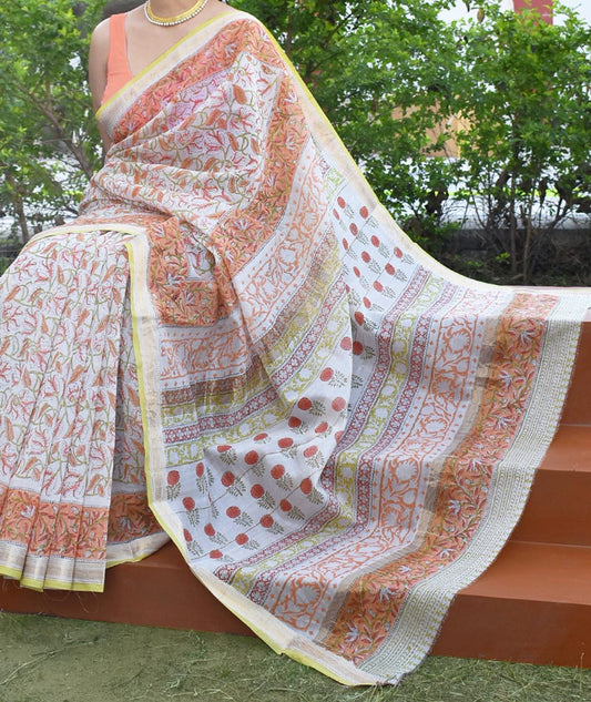 Elegant Handwoven Maheshwari Silk cotton Saree with Sanganer Block printing
