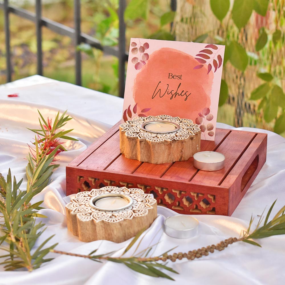 Gift Hamper - Wooden Carved T Light Holders - Set of 2 holders