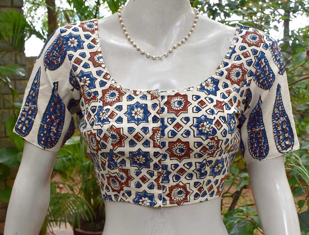 Hand Block Print Ajrakh Cotton Blouse with hand done mirror work - size 38 & 42