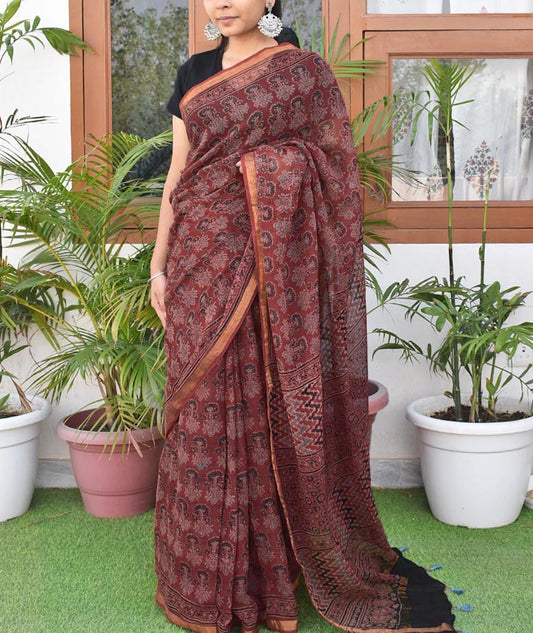 Hand Block Print Kutch Ajrakh Kota Cotton Doria  Saree