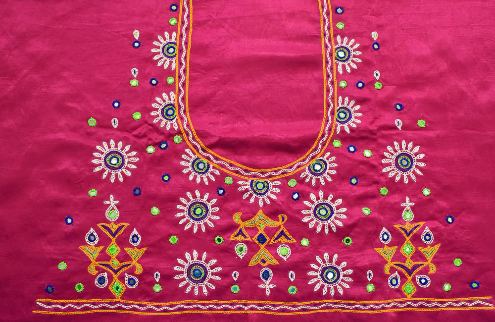 Beautiful Mashru Silk Blouse Fabric with Kutch Ahir Hand Embroidery