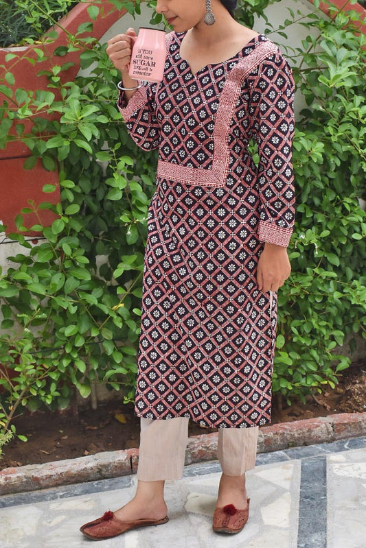 Hand Block Print Cotton Kurta with mirror & aari work - size 40