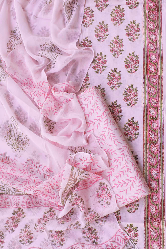 Beautiful Block Printed Cotton unstitched suit fabric with Chiffon dupatta