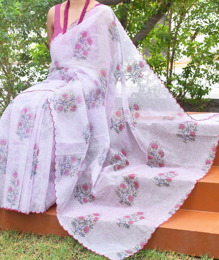 Elegant Kota Cotton Saree with scalloped ends & dual hand block prints