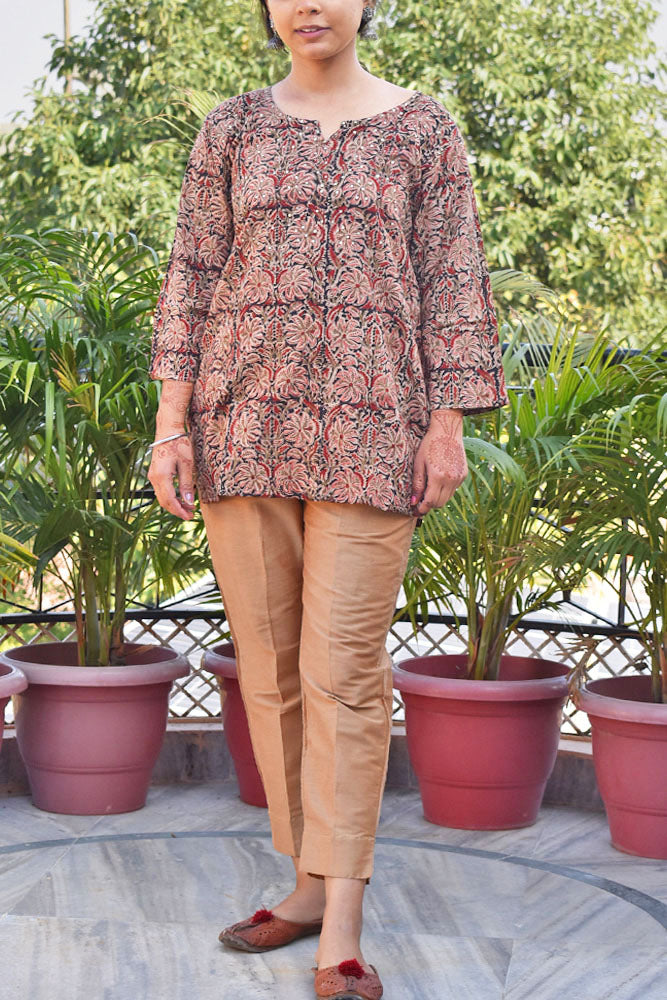 Machalipatnam Kalamkari Hand Block Printed Cotton Short Kurta with sequins on yoke - Size - 36